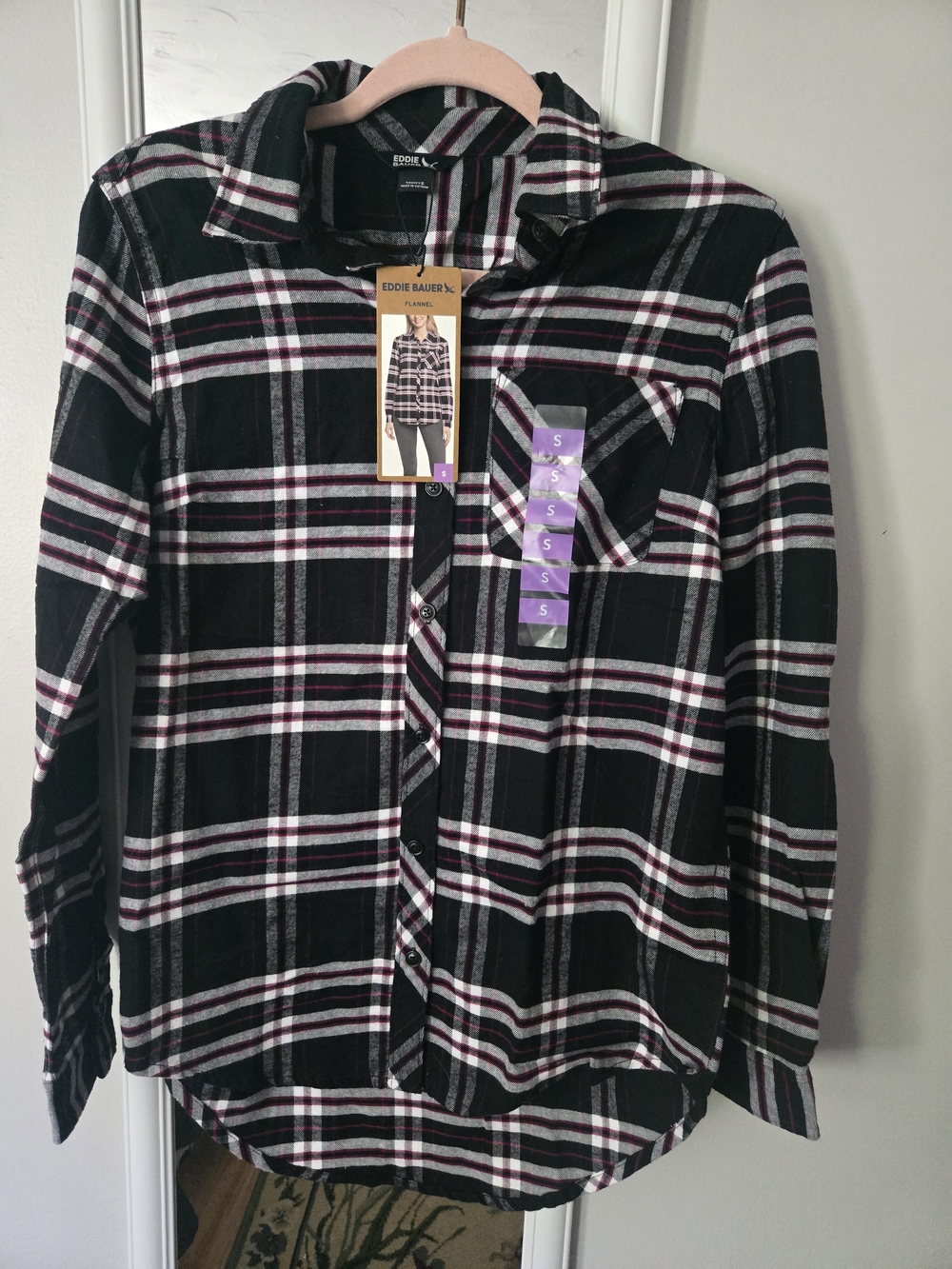 Eddie Bauer Black, White & Maroon Plaid Flannel Shirt